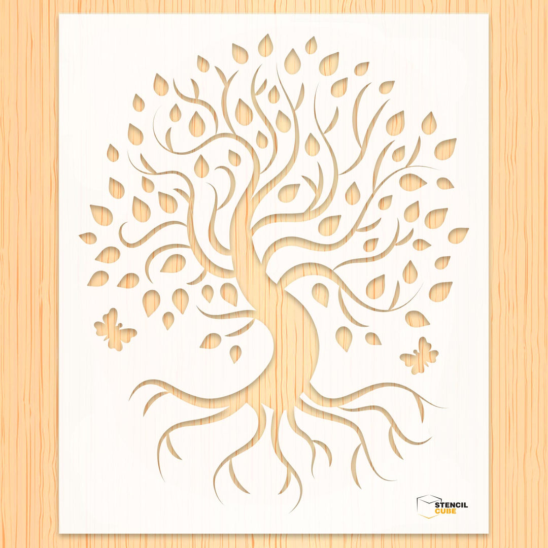 Tree life with butterflies design stencil