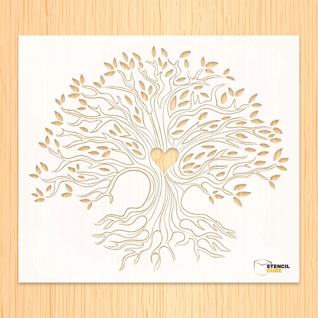 Tree life with heart shape stencil