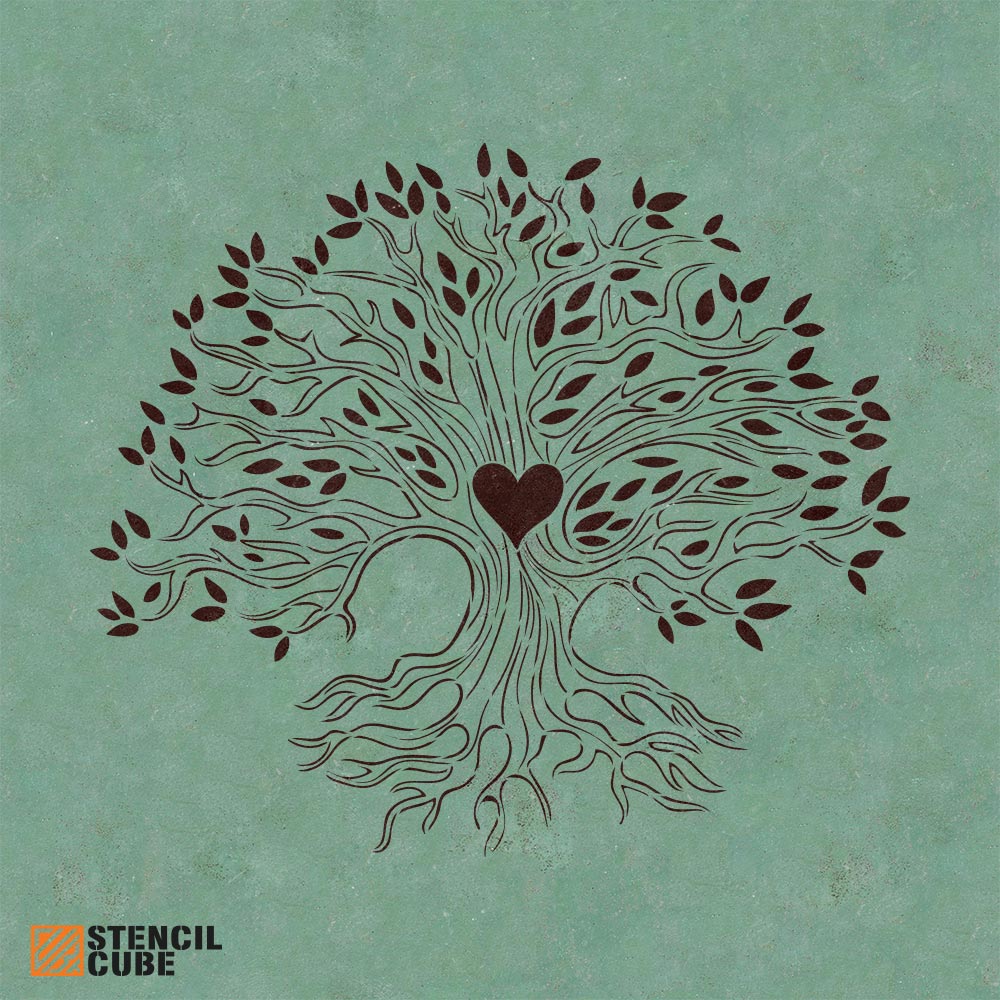 Tree life with heart shape stencil