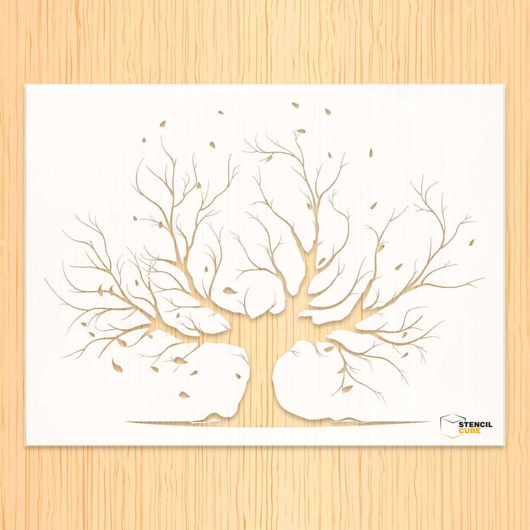 Tree with branches roots falling leaves Stencil